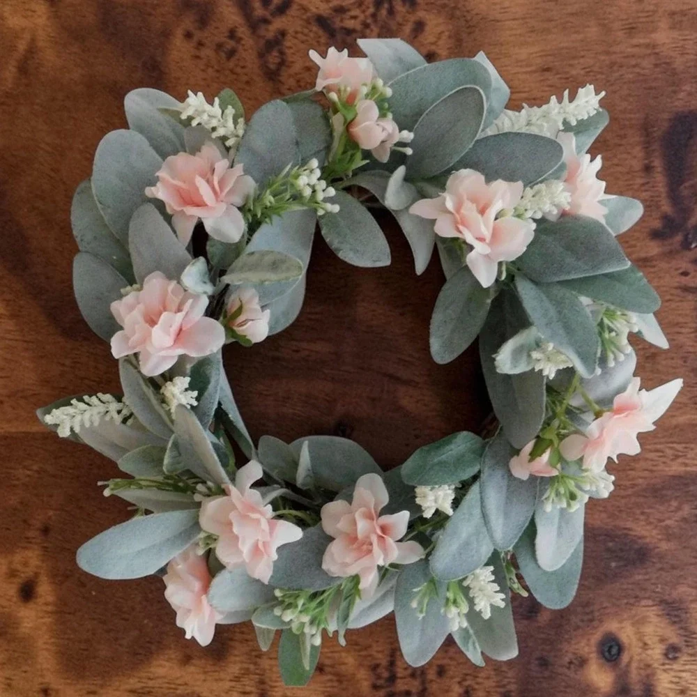 Artificial Lambs‎ Ear Wreath with pink Camilla 13 Inch Diameter Candle Ring